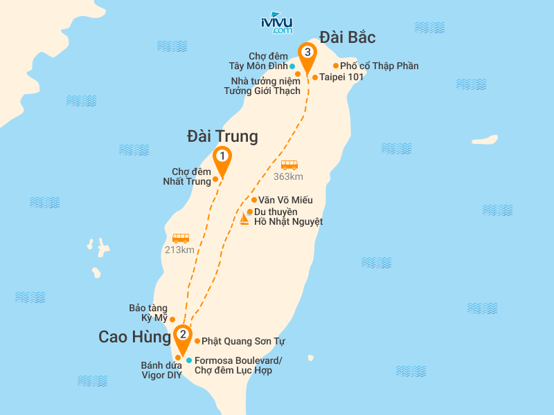 Bản đồ Tour Đài Loan 5N4Đ: HCM - Đài Trung - Cao Hùng - Đài Bắc - Bảo Tàng Kỳ Mỹ